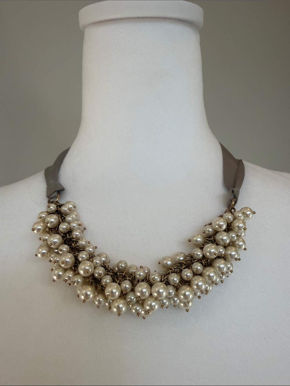 J. Crew Ivory Pearl Cluster Necklace with silver grey satin Ribbon